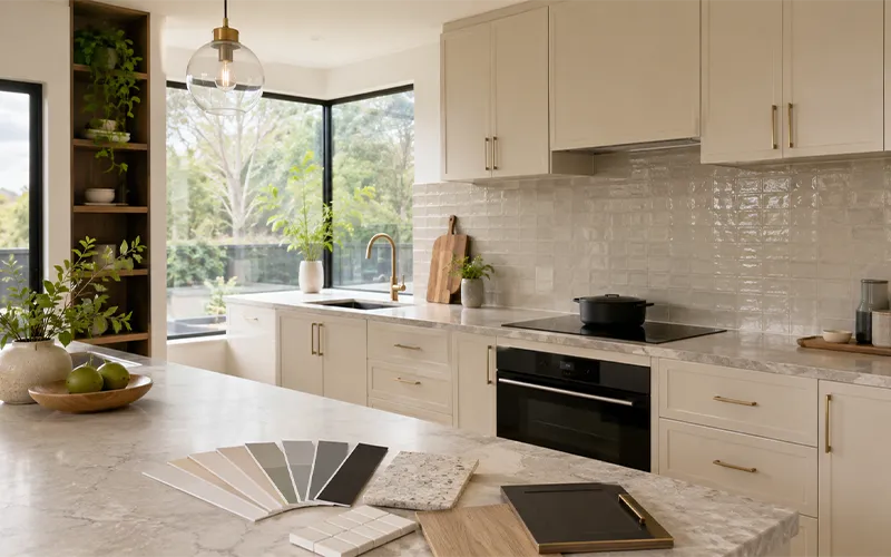 modern kitchen with colours on bench